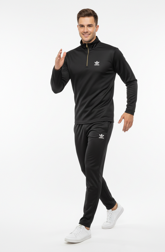 New Safari Waffle Honeycomb Design Tracksuit Set (Zip shirt+Trouser) : Black