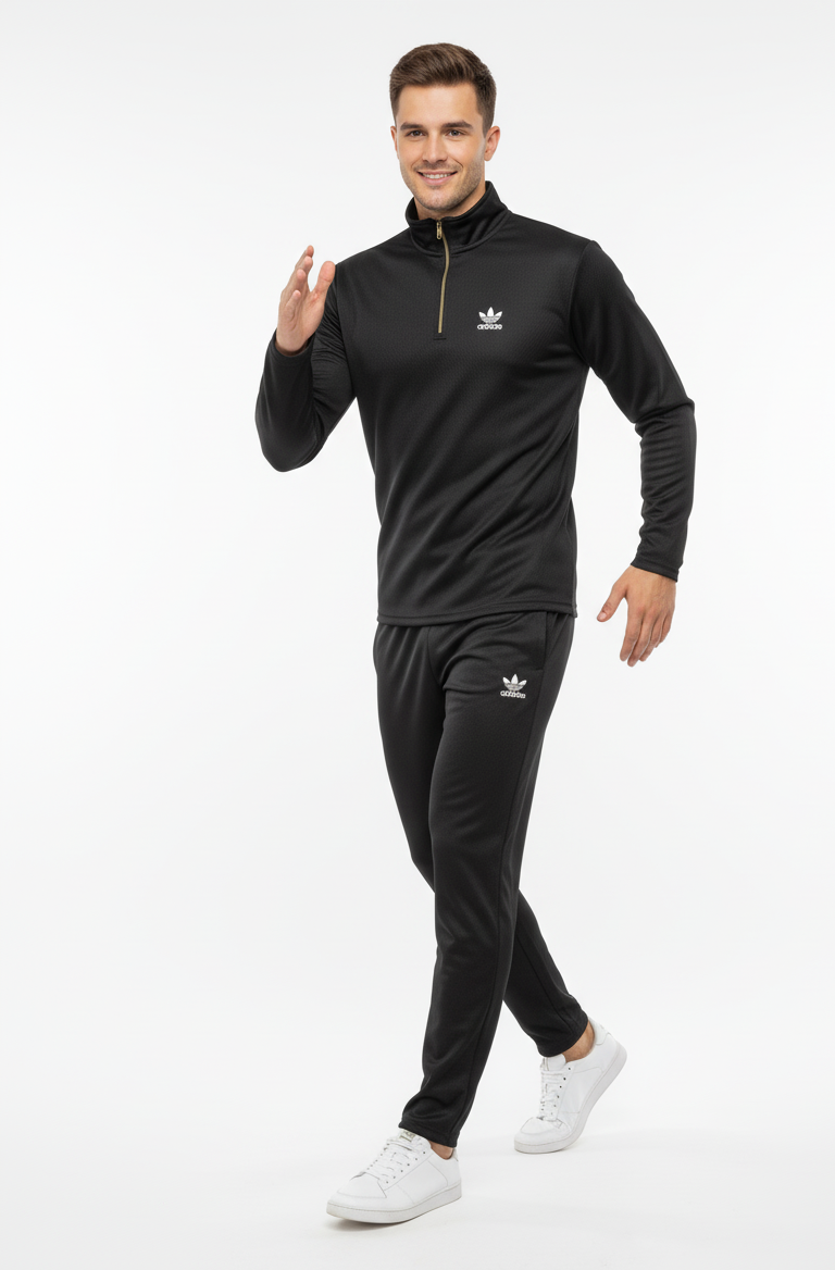 New Safari Waffle Honeycomb Design Tracksuit Set (Zip shirt+Trouser) : Black